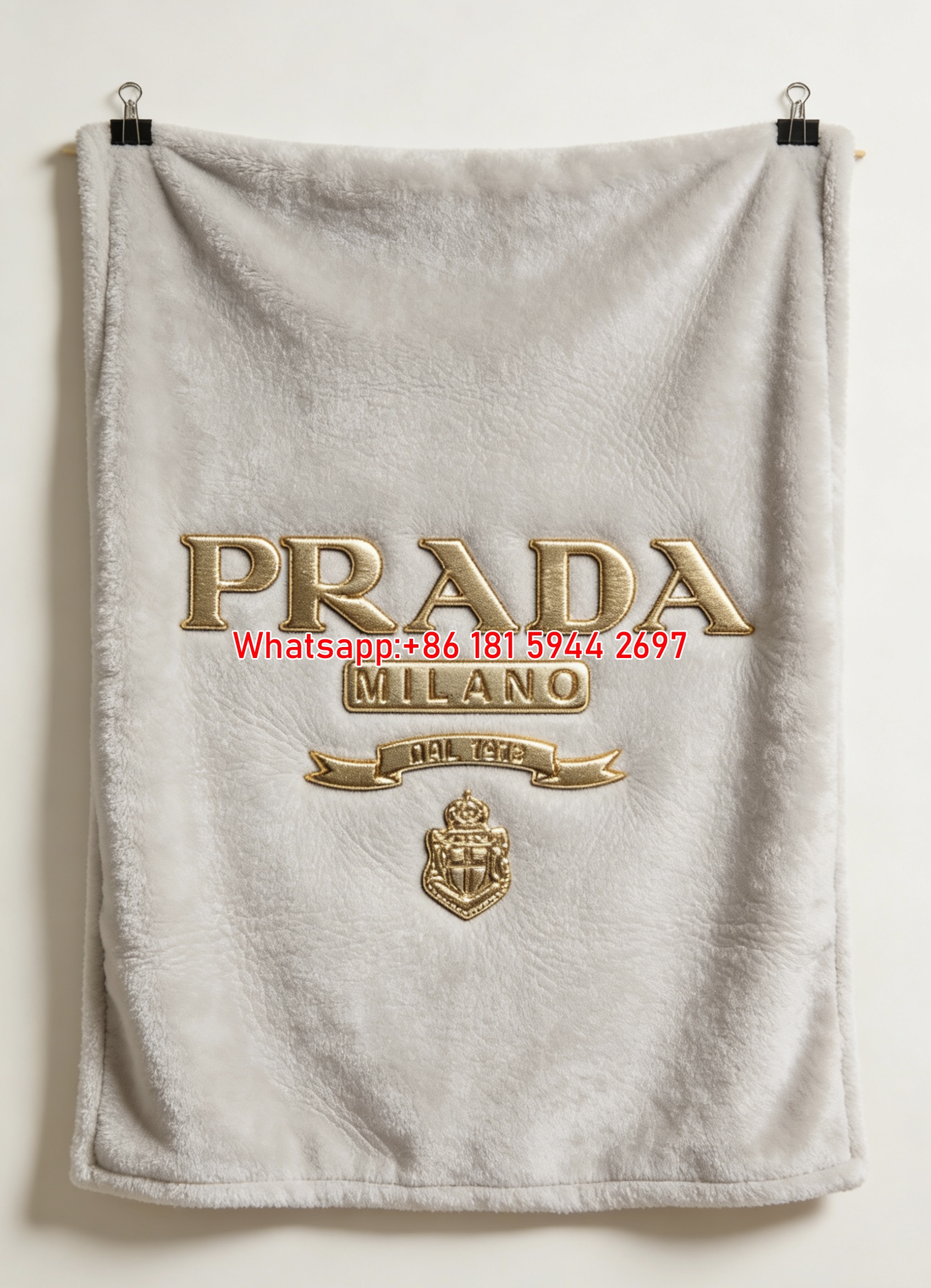 Prada Milano Gold Logo White Leather Print Fleece Sofa Throw Blanket Luxury IMG_2691
